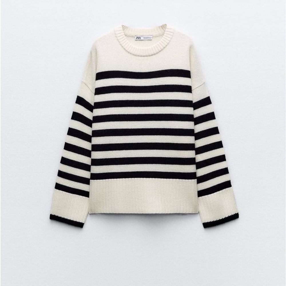 Zara Wool Striped Sweater Cream Black - Picture 3 of 10